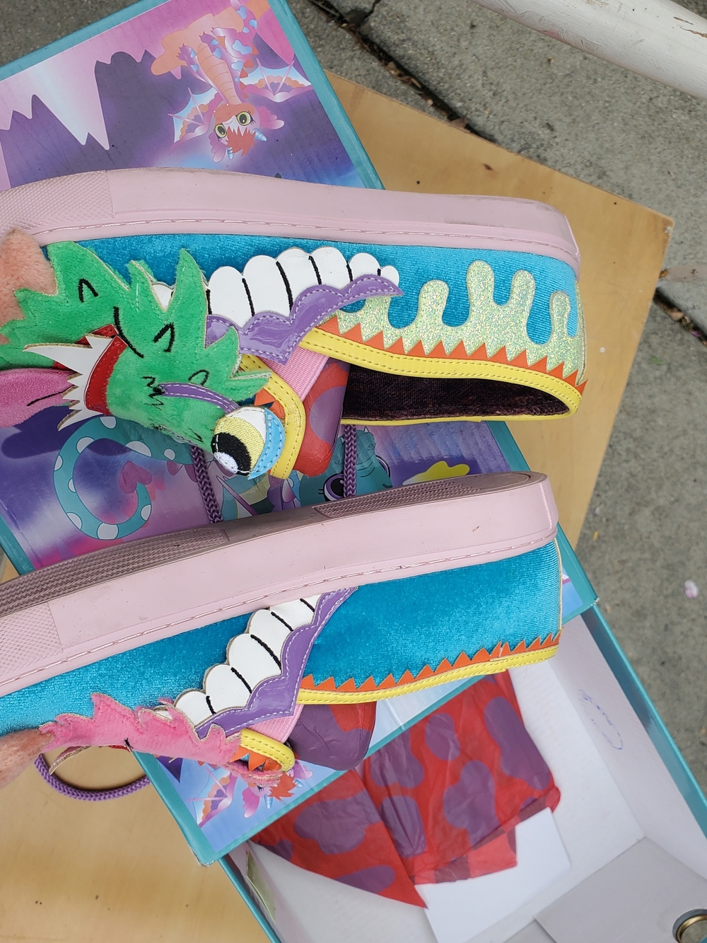 Irregular Choice Colorful Monster Slip-On Flats in Pink, Green & Blue - Picture 2 of 6